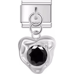 Black Gem Heart Dangle Charm Silver