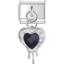 Black Gem Dripping Heart Dangle Charm Silver
