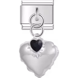 Black Gem Puffy Heart Dangle Charm Silver