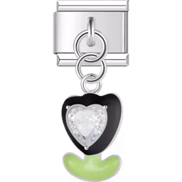Black Flower Dangle Charm Silver