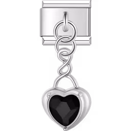 Black Crystal Heart Dangle Charm Silver