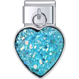 Aqua Glitter Heart Dangle Charm Silver