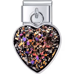 Black Glitter Heart Dangle Charm Silver