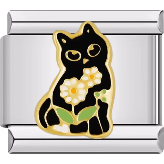 Black Cat with Daisies Charm