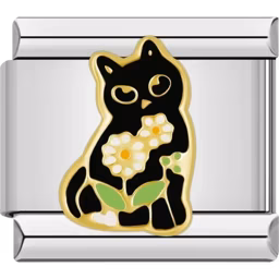 Black Cat with Daisies Charm Silver