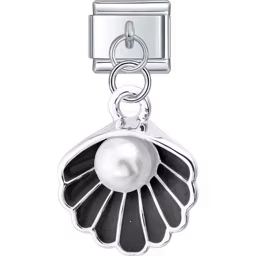 Black Seashell with Pearl Dangle Charm Silver