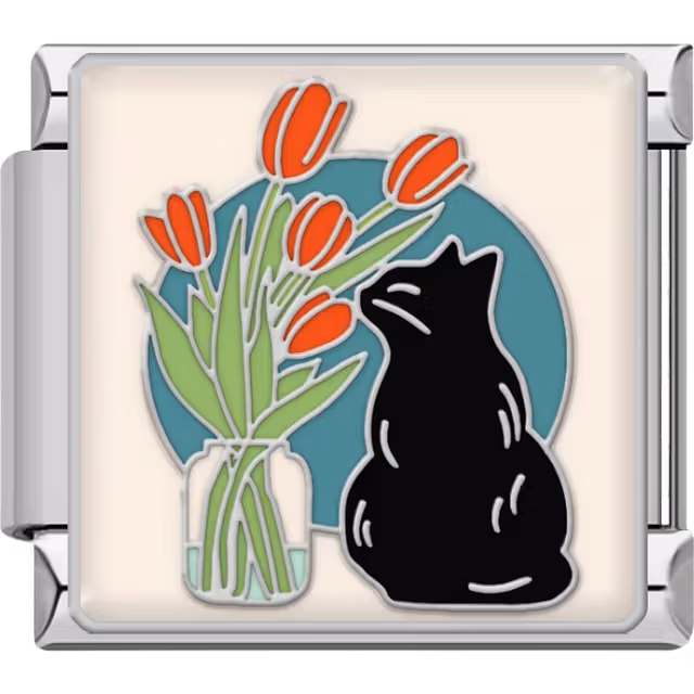 Black Cat and Tulips Charm