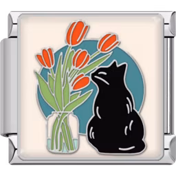 Black Cat and Tulips Charm Silver